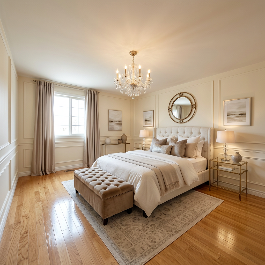 Bedroom after renovation — bright neutral palette, staged for resale