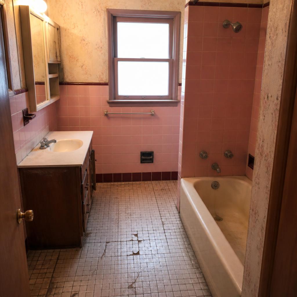 Bathroom before renovation — pink tile and worn fixtures