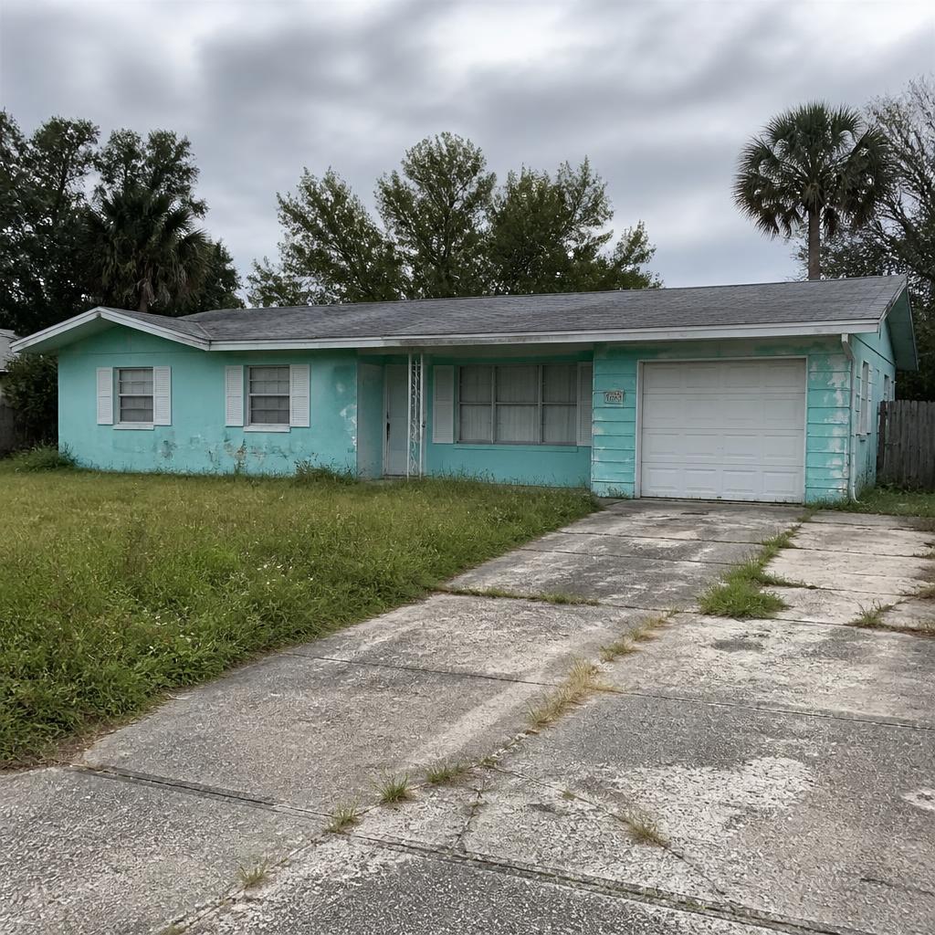 Exterior before renovation — faded paint, overgrown lawn