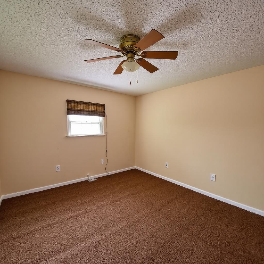 Living room before renovation — old carpet, dated fan, popcorn ceiling