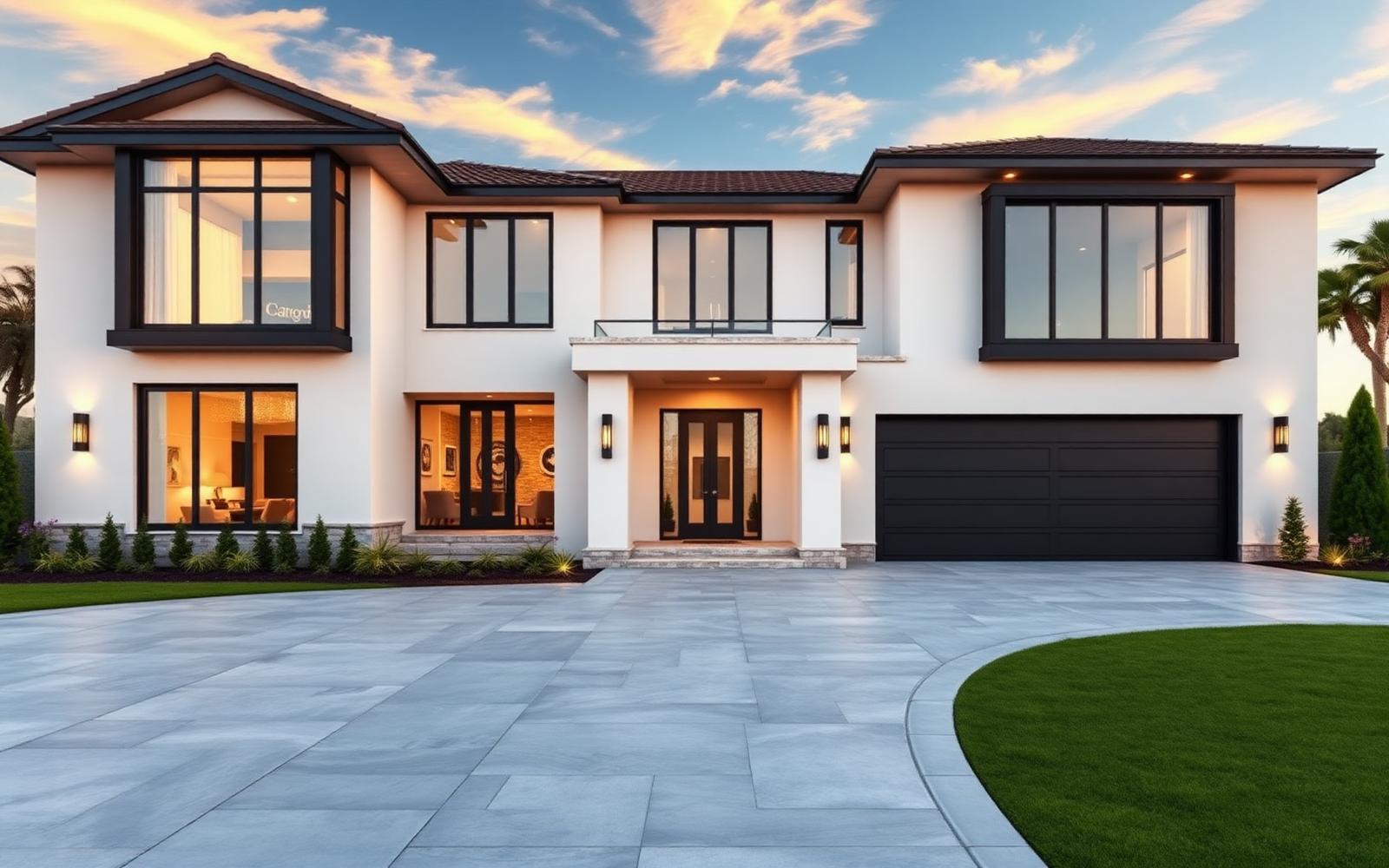 Modern luxury home with floor-to-ceiling windows at golden hour